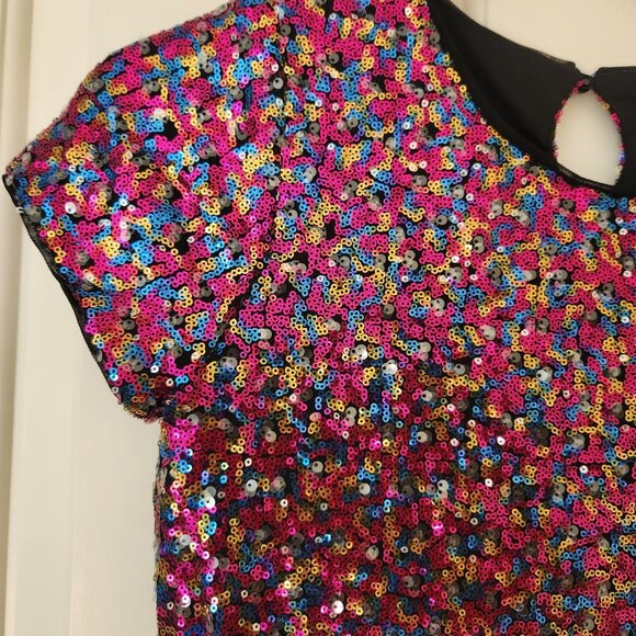 Sequin Multicolor Party Dress Blingy Shiny Glam Disco 70's 80's Evening Girls XL - Picture 3 of 10